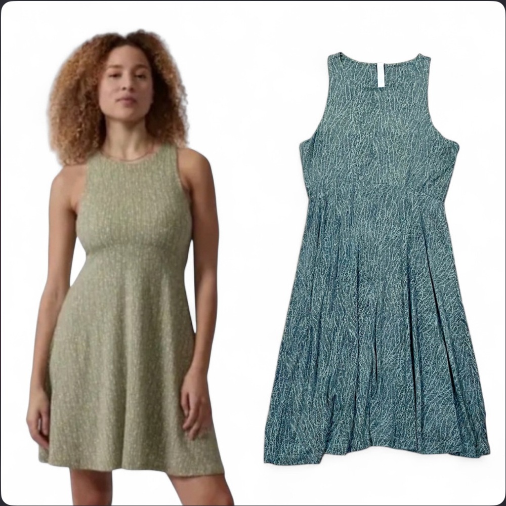 ATHLETA Santorini Thera Printed Mini Dress in Laurel Olive (teal) EUC
